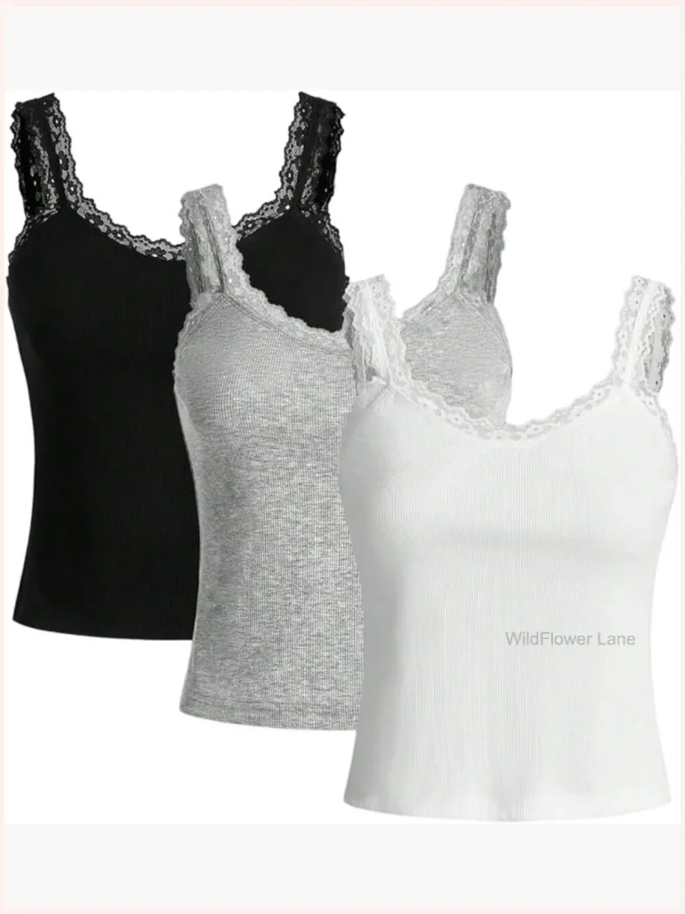 Plus Size Lace Trim Ribbed Cami Tank Top Sleeveless Fitted Undershirt Layering
